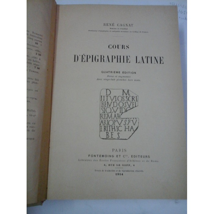 COURS D EPIGRAPHIE LATINE - Rene Cagnat - 1914
